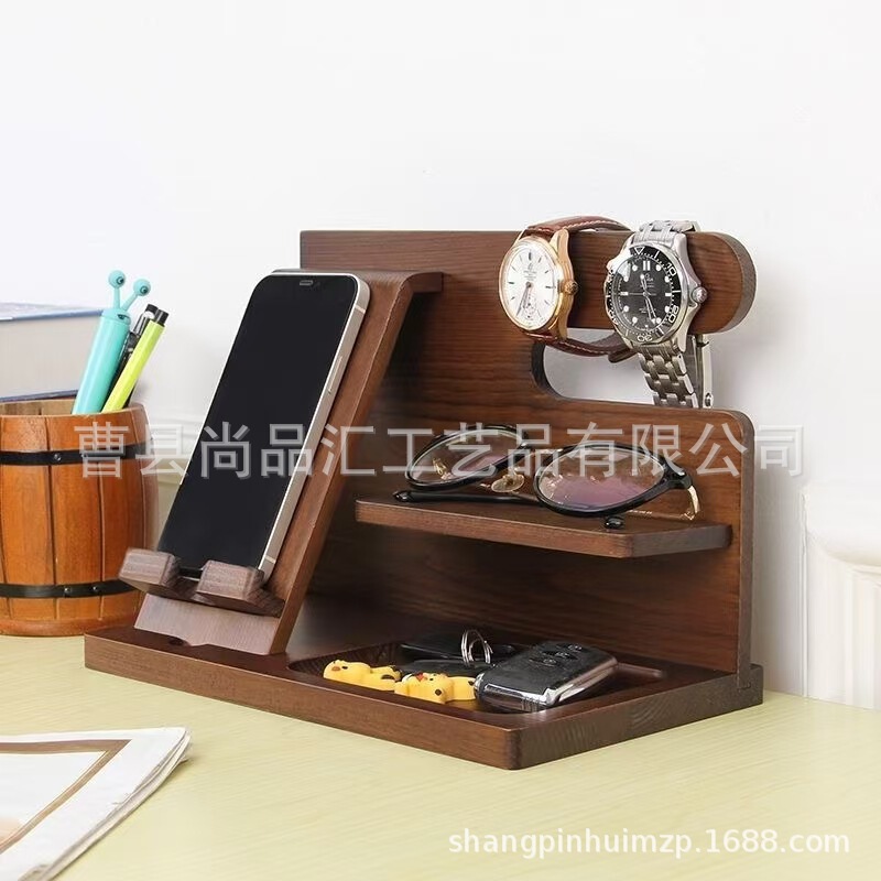 Creative Light Luxury Wooden Mobile Phone Stand, Bedside Wooden Mobile Phone and Watch Storage Rack, Desktop Solid Wood Multi-Layer Mobile Phone Stand