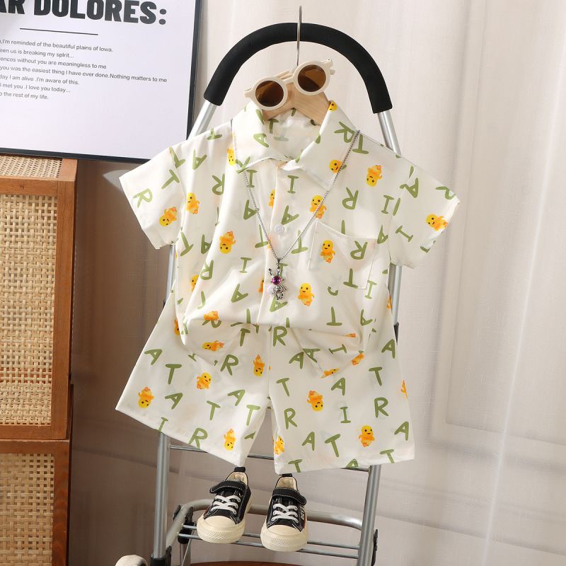 男女の子供のシャツの夏服の2025新型のかっこいい家庭のスーツの赤ちゃんのカーディガンのシャツのtシャツの半袖のズボンのスーツ|undefined