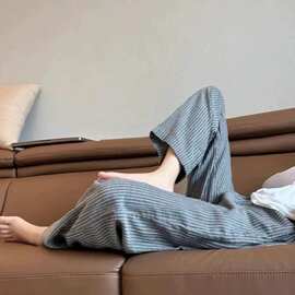 灰色抽绳条纹棉麻阔腿裤女小个子夏季新款高腰垂感松弛感休闲长裤