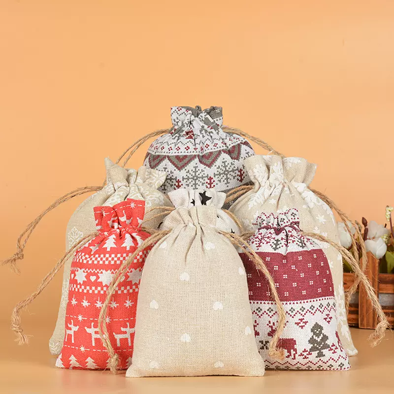 厂家现货麻绳棉布束口袋 可装圣诞礼品苹果包装糖果装饰收纳袋
