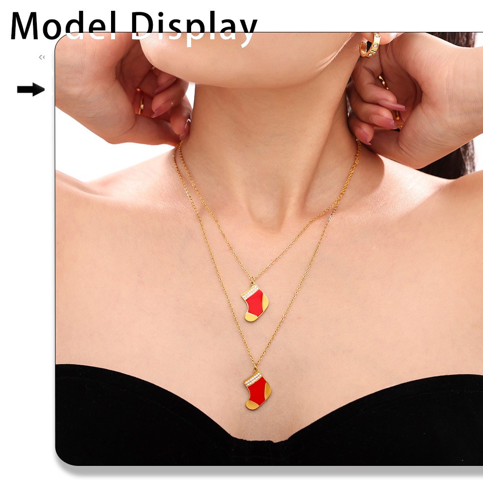 Collier pendentif en zircon, petit et mignon, en acier inoxydable, avec chaussettes rouges dégoulinantes d'huile, cadeau de Noël Square Sugar_voghion.com