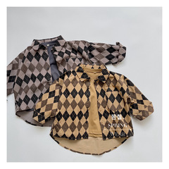 Japanese-style Korean children's checkered shirt for spring and autumn, new unisex children's retro color fine corduroy checkered shirt, versatile and trendy