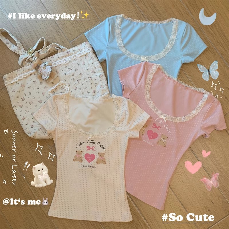 2026 Japanese-Style Sweet Lace Collar Short-Sleeve T-Shirt for Women with Cute Bear Print, Slim Fit, Flattering Inner Top, New Model