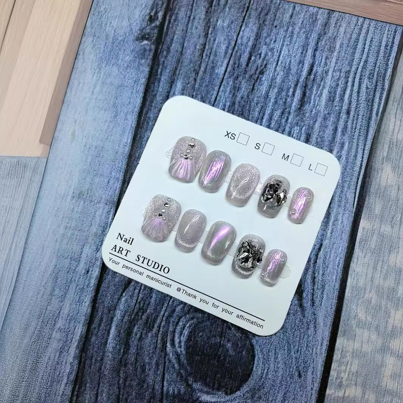 [163] fishtail wear nail wholesale short dark blue crystal cat eye Diamond White fake nail stickers