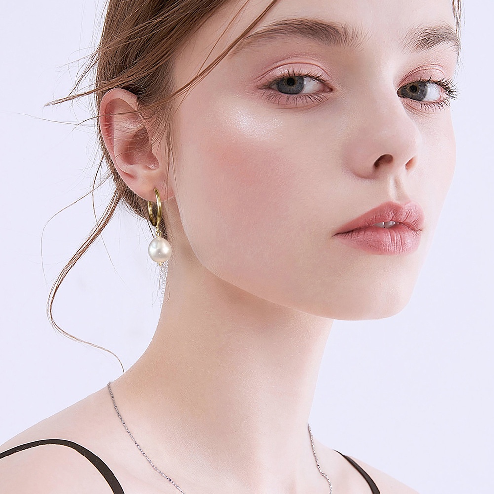 925 Sterling Silver Ear Needle Material White K Plated Plating Material 1 Pair 925 Sterling Silver Freshwater Pearl Round Drop Earrings