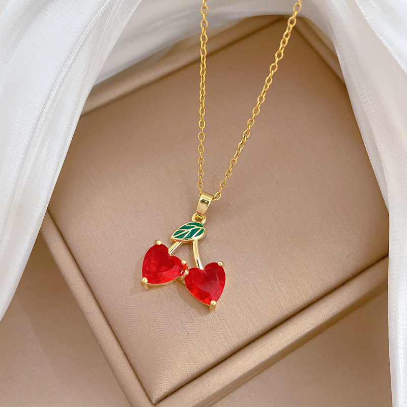 Elegant Red Cherry Necklace In Titanium Steel With Full Diamonds_voghion.com