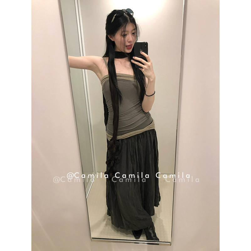 ニッチデザインパッチワークプリーツホットガールチューブトップドレス女性のための 2024 夏 A ラインロングプリーツスカート|undefined