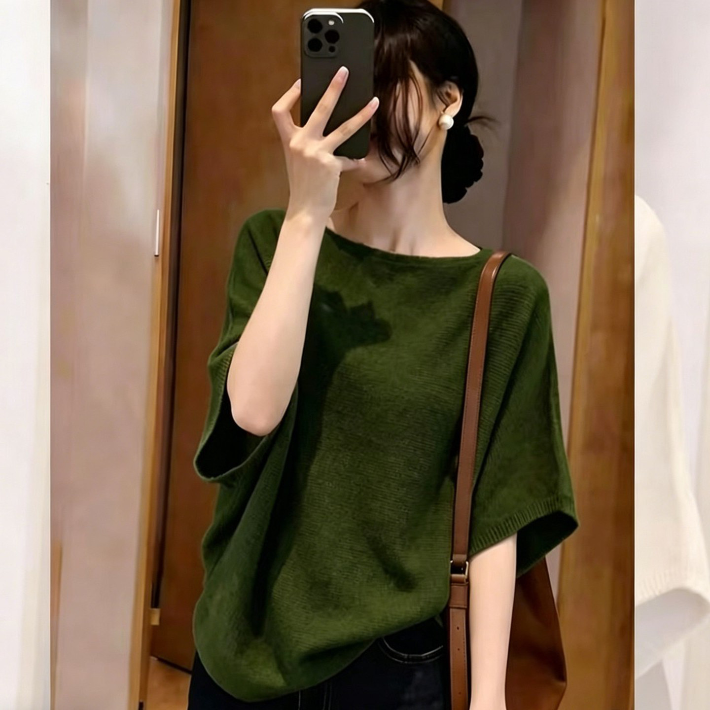 Áo thun dệt kim tay ngắn nữ phong cách thời trang, form rộng thoải mái — màu đen chi tiết 4