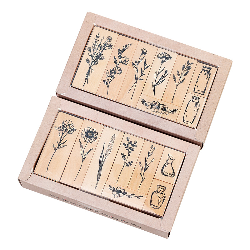 Vintage Lotus madera combinación traje sello planta florero mano cuenta DIY álbum diario decoración 2 opciones