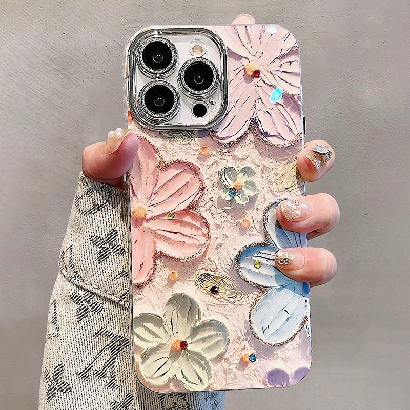 Blue Light Oil Painting Flowers Suitable for iPhone 17 Pro Max Phone Case Apple 16 Pro/15/14/13 Soft Case 12