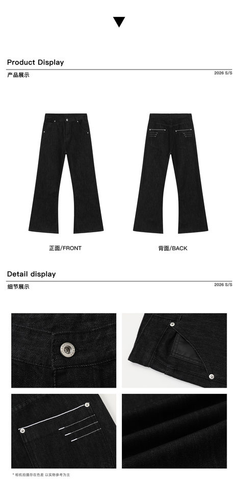 Quần jeans nam denim thô ống loe nhẹ dáng rộng có thêu — Denim đen chi tiết 4