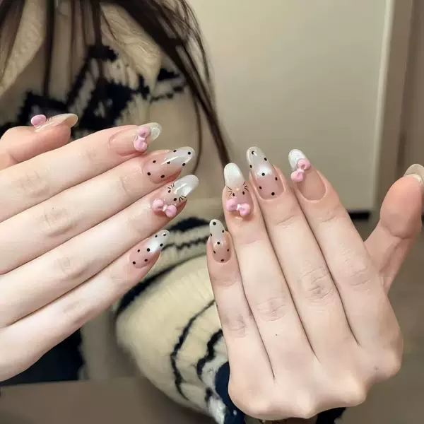 Ins Sweet Girl Handmade Wearable Nail Tips Cute Polka Dot Kitty Bow Detachable No-Polish Nail Stickers