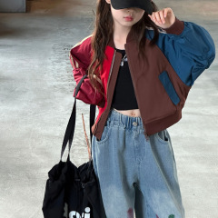 女の子の春と秋のカラーブロックジッパージャケット2025新しい韓国スタイルのファッショナブルな長袖カーディガン野球ユニフォーム、中年以上の子供向け