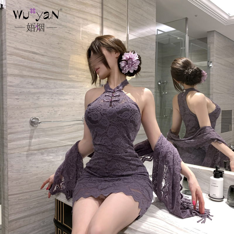 Smoke Sexy New Chinese Style Button Lace Qqny Vertical Collar Cheongsam Pure Desire Hot Girl Purple Neck Sexy Underwear
