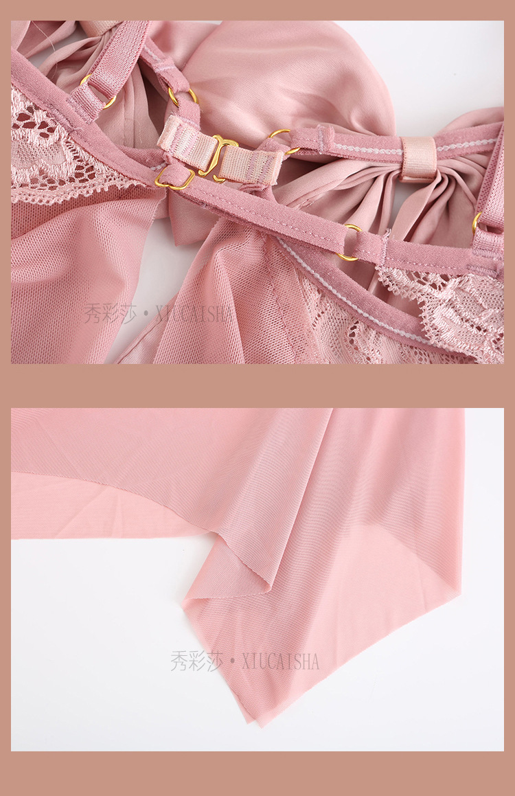 Pink Mesh Babydoll Nightdress Set with Robe and Halter Top, One Size — detail image 28