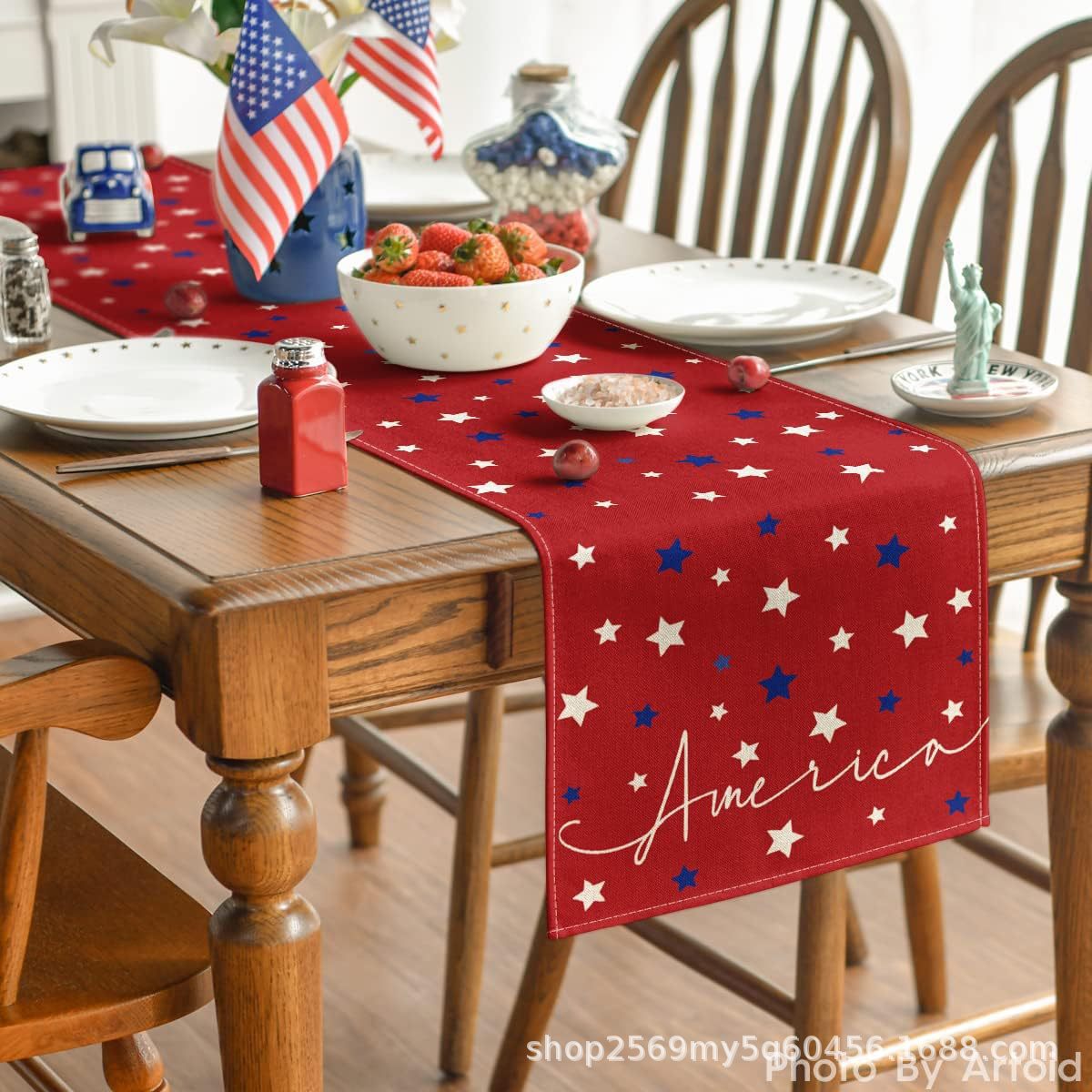 Transfronterizo 2024 nuevo día de la independencia de los Estados Unidos lino bandera de mesa bandera estrella y rayas tela de mesa de comedor cama de té tela de mesa image 4