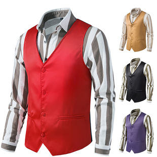 Amazon Foreign Trade Wholesale Men's Vest Solid Color Wedding Dress Vest British Slim European Size Suit Vest Men