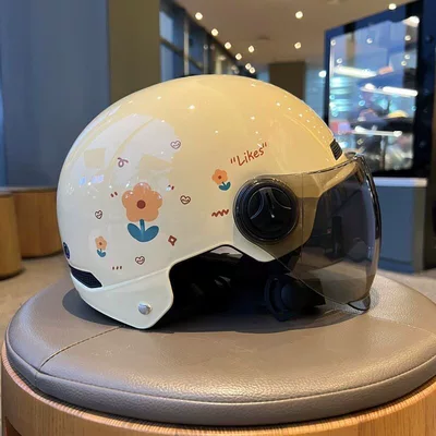 3C Certified Electric Vehicle Helmet for Women, Suitable for All Seasons, Sun Protection, National Standard Safety Helmet, Small Floral Design, Summer Half Helmet
