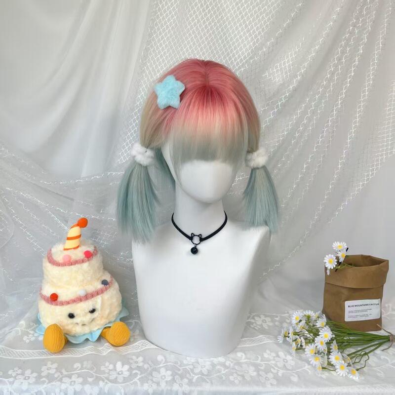 [Rainbow Bubble] Wig for Women with Short Straight Hair, Gradient Highlights, Bob Lolita, One-Size-Fits-All Full Headgear