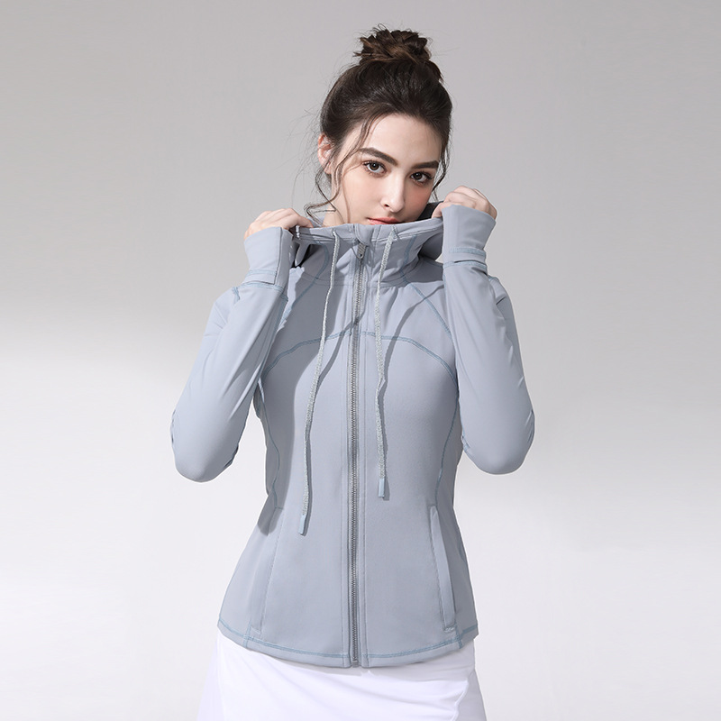 Spring And Autumn Women's Sports Hooded Jacket Nude Slim Fit Zipper Elastic Running Yoga Clothes Jacket Women