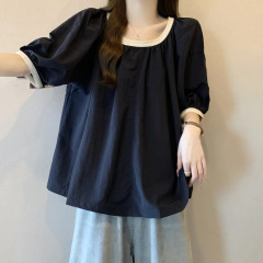 色の泡袖2025夏の新型の大きいサイズの婦人服の丸首のファッションはやせている半袖のtシャツの女性の上着をつなぎ合わせます。