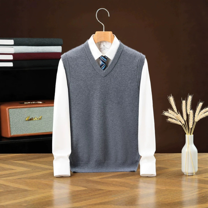340g thickened warm men's vest, autumn and winter middle-aged V-neck sleeveless knitted sweater with wool lining