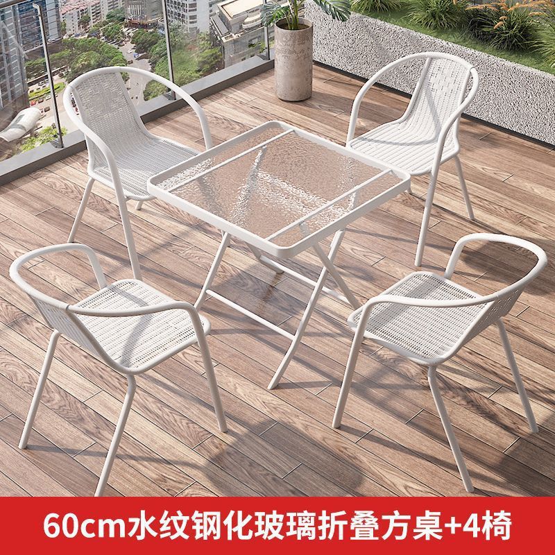 Mesa y silla de balcón de tres piezas, mesas de té casuales, combinación de vidrio blanco plegable, una mesa y dos sillas, mesas de té pequeñas