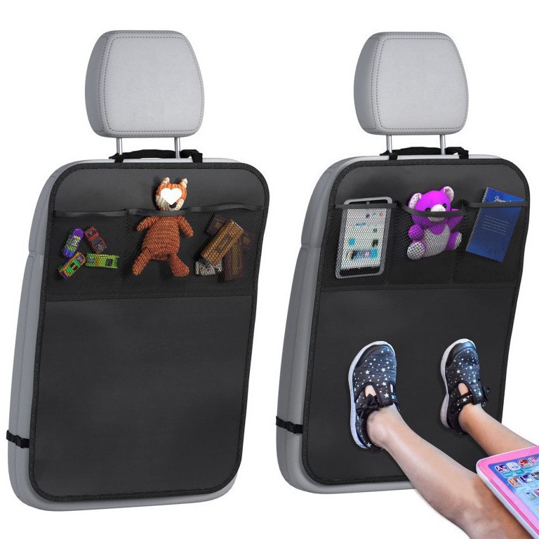 Car backseat organizer with storage pockets, child seat back cover, anti-kick pad, protective cushion