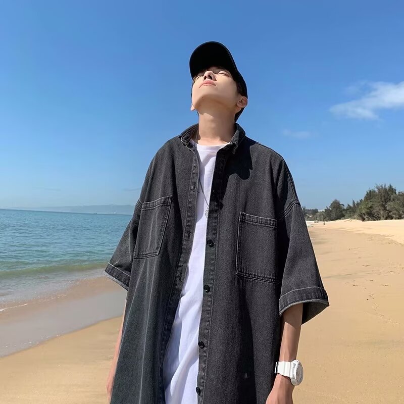 Wholesale Korean-Style Washed Denim Short-Sleeve Shirt for Men, Lightweight Workwear Jacket, Hong Kong Style Versatile Casual Denim Shirt