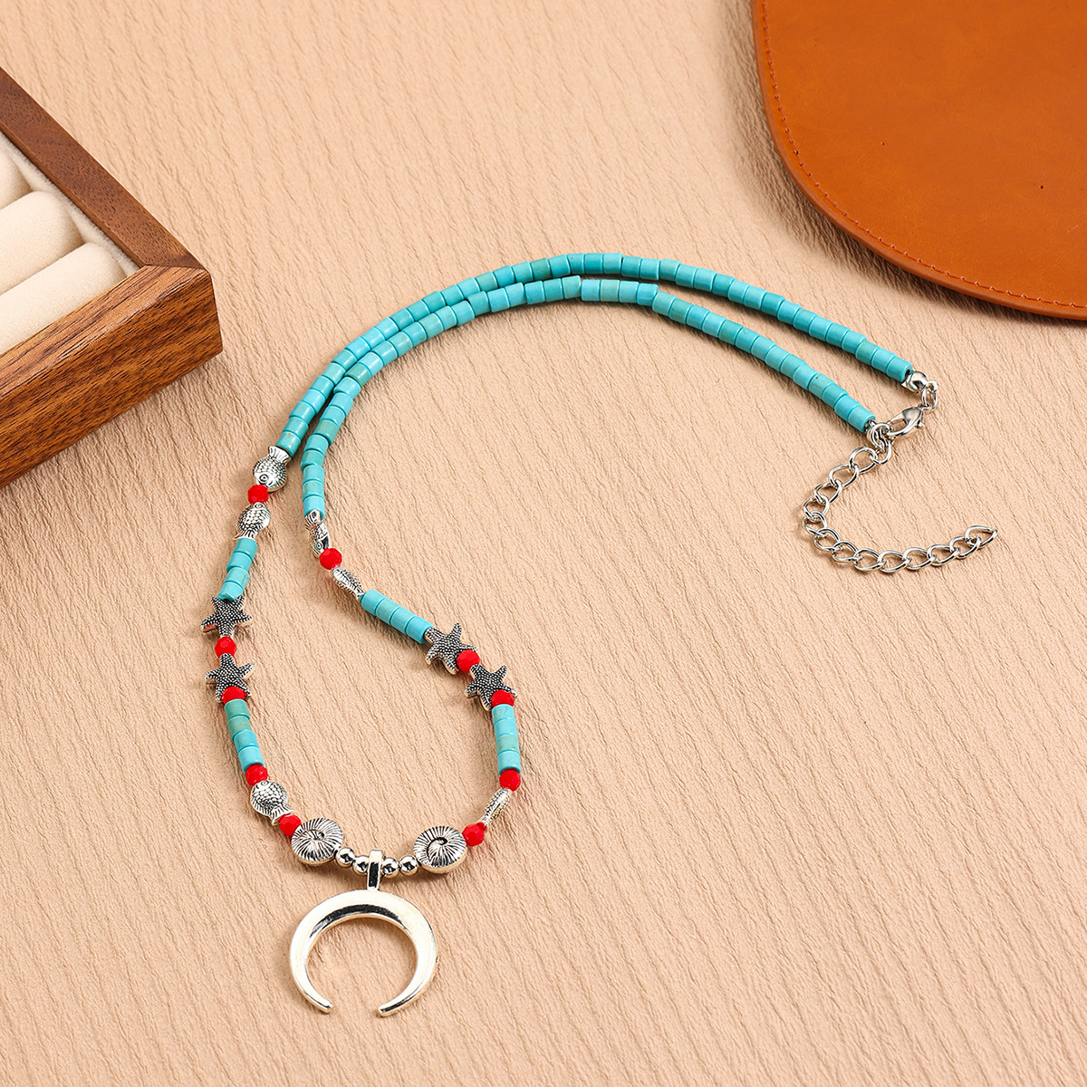Travel Occasion Alloy, turquoise Material Geometric Pattern Retro Bohemian Geometric Alloy Turquoise Beaded Chain Lobster Trigger Clasp Closure Beaded Necklaces Wholesale
