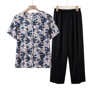 Grandma Summer Short-Sleeved Suit Casual Women's Middle-Aged and Elderly Shirts Mom Summer T-Shirt Old Lady Cool Clothes