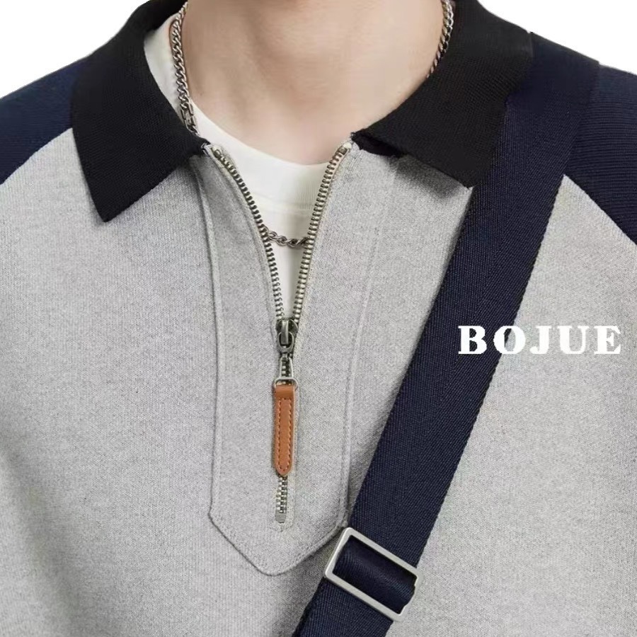 Otoño e invierno contraste color media cremallera Polo cuello suéter cálido manga larga superior suéter de los hombres de estilo coreano abrigo de los hombres
