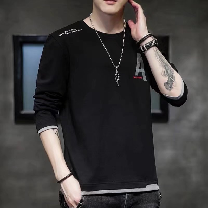 Camiseta de manga larga de primavera y otoño nueva juventud falso de dos piezas Camiseta estilo coreano estudiante camisa de fondo ropa superior de los hombres de moda
