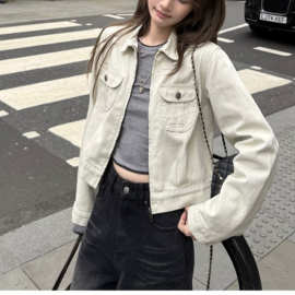 2025秋季美式复古设计感双口袋拉链斜纹棉牛仔外套
