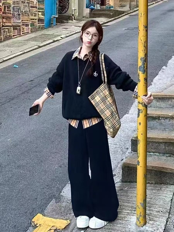 春秋美式学院风运动套装女胖mm大码显瘦假两件卫衣宽松休闲两件套|undefined
