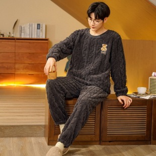 Plush Pajamas Men's Winter Thickened fleece-lined Cartoon Men's Crewneck Pullover Home Clothes Men's Winter suit