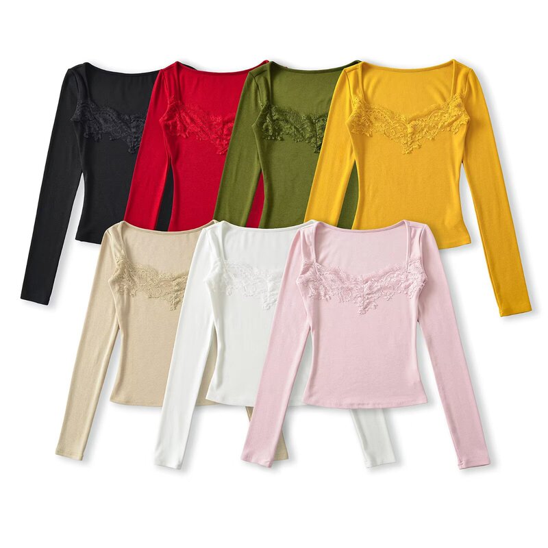 Women's Fashion for Export 2026 Fall/Winter New Collection: French-style Light Luxury Slimming Commuter Lace Square-neck Long T-shirt Women's Fashion for Export 2026 Fall/Winter New Collection: French-style Light Luxury Slimming Commuter Lace Square-neck Long T-shirt