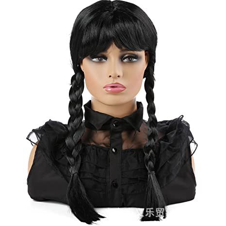 Adams Family Wednesday wig double ponytail black braid with bangs full head cover cos wig spot
