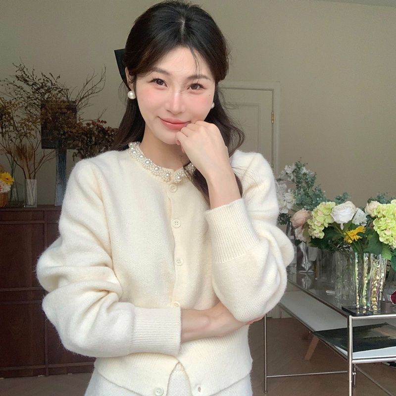 气质小香风毛衣两件套女秋冬新款重工钉珠高腰半身裙显瘦针织套装|undefined
