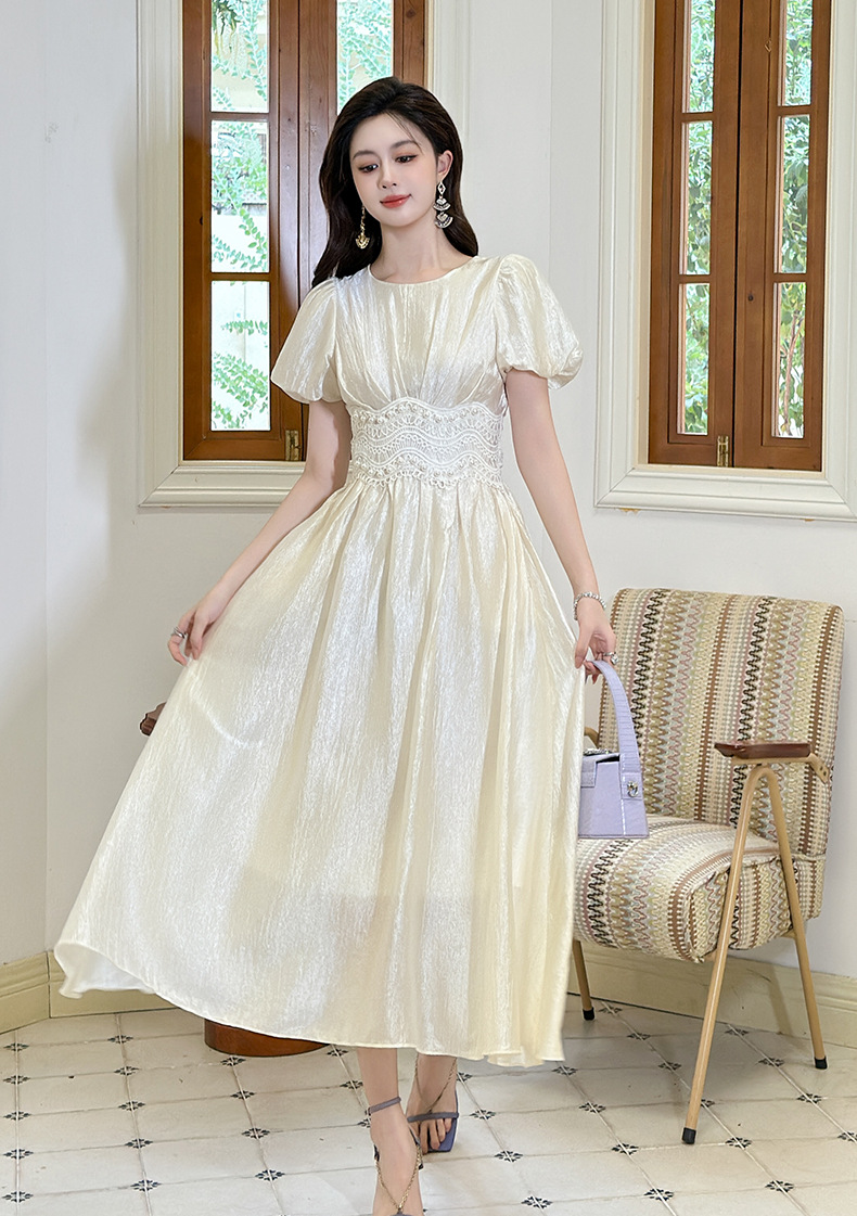 Đầm maxi nữ tay phồng thắt eo đính cườm dài qua gối — màu xanh chi tiết 7