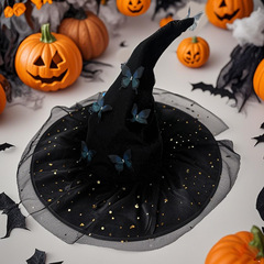 新しいハロウィーンのベルベットのしわ星月巫婆帽蝶網糸のベルベットの魔女帽化粧道具