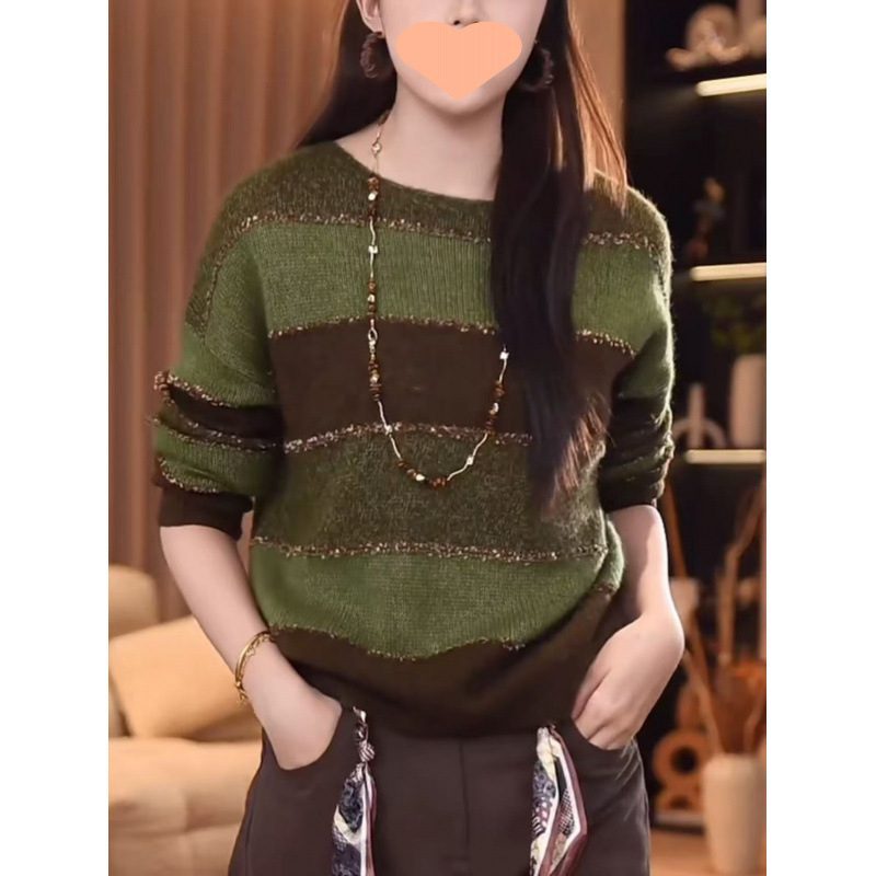复古时尚圆领绿色条纹毛衣女2025年秋季高级感宽松显瘦针织衫上衣|undefined