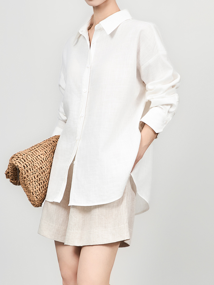 Áo sơ mi nữ linen tay dài cổ bẻ phong cách tiền cũ — Màu trắng