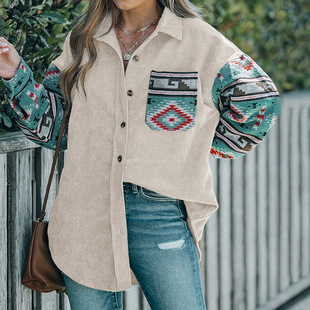 Amazon Independent Site 2025 New European and American Cross-Border Ethnic Style Autumn Lapel Color-Blocked Jacket for Women, Lazy Style