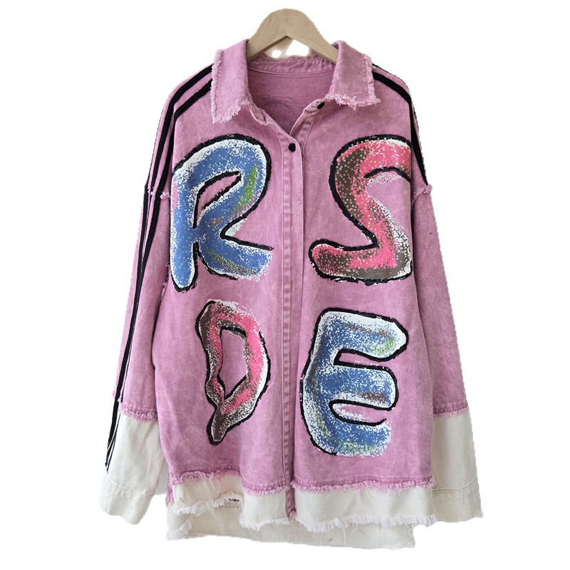 Marca de marea europea de la industria pesada empalme de contraste de color lavado de dibujos animados letras de impresión de diseño suelta gran camisa chaqueta de marea
