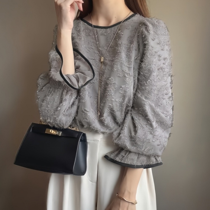 Cross-Border Japanese and Korean Summer New Style Small Chrysanthemum Floral Trumpet Sleeve Long-Sleeved Round Neck Pullover Chiffon Shirt Top for Women 3 Colors