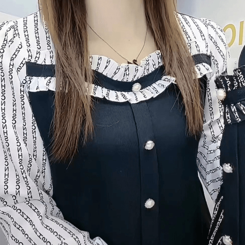 春秋季上衣女字母长袖拼接韩版时尚宽松印花小衫女雪纺衫潮流|undefined