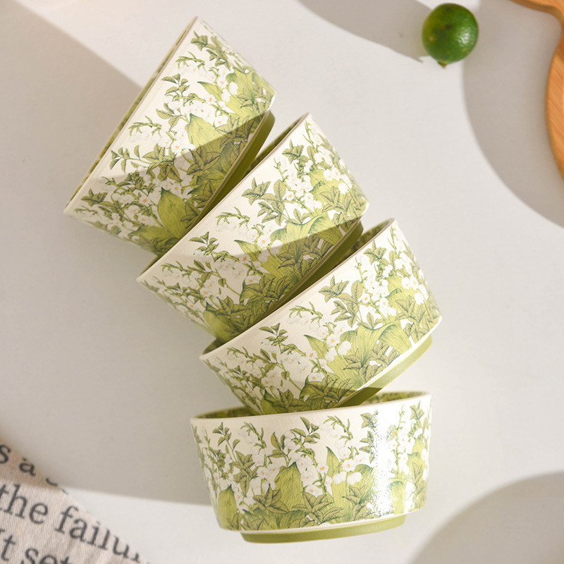 Huadian Green Lily of the Valley Home Rice Bowl Dessert Bowl Ceramic Tableware Set High-Looking Dish Plate Soup Bowl Noodle Bowl