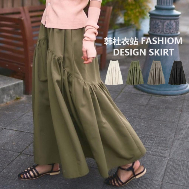 Japanese Design Casual Versatile Retro Wave Pleated High-Waisted Solid Color Mermaid Skirt with a Large Hem Long Skirt Japanese Design Casual Versatile Retro Wave Pleated High-Waisted Solid Color Mermaid Skirt with a Large Hem Long Skirt