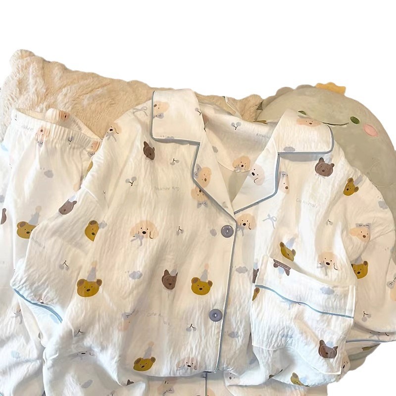 Cardigan de algodón nubes de verano con solapa dulce pijama de niña de manga corta pantalones cortos frescos set de ropa de casa de estudiantes al por mayor